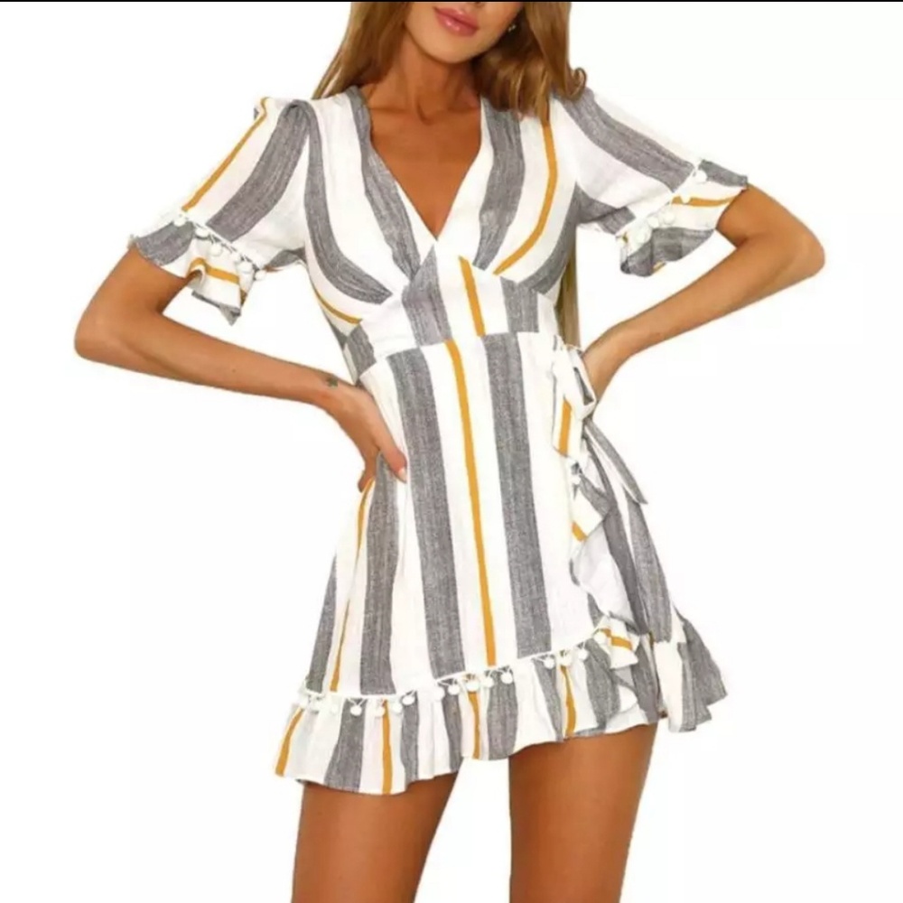 Yellow Gray Stripe Ruffles Dress - Picture 2 of 7